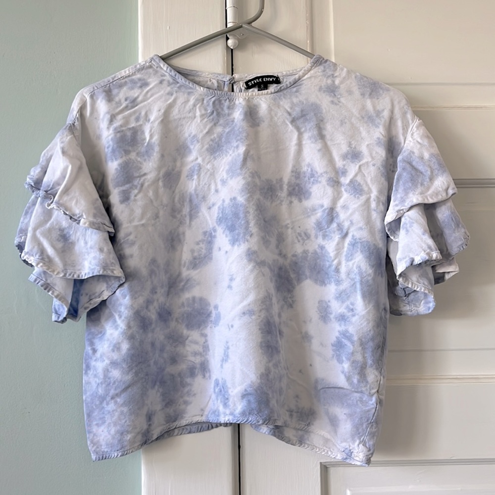 White and blue ruffle sleeve blouse